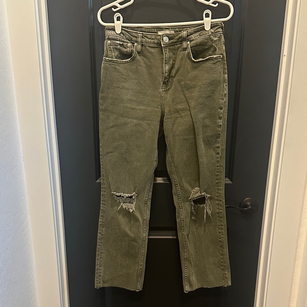 Olive Distressed Straight Leg Jeans for Women